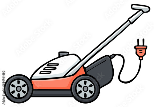 Cartoon electric lawnmower with cord and plug ready to use, illustration.