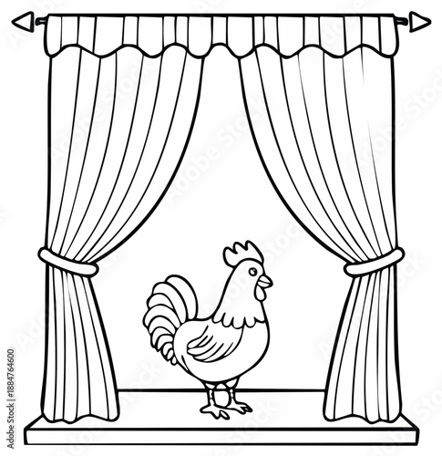 Farm Rooster Standing on Shelf Behind Opening Curtains Illustration