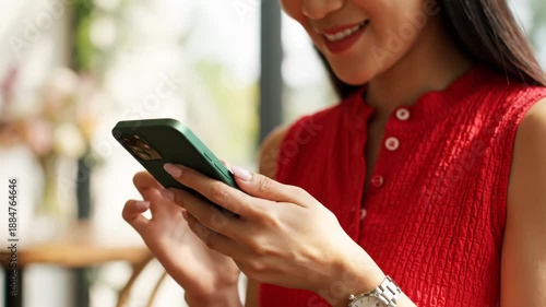 Woman in red sleeveless top using smartphone with silver watch on wrist indoors