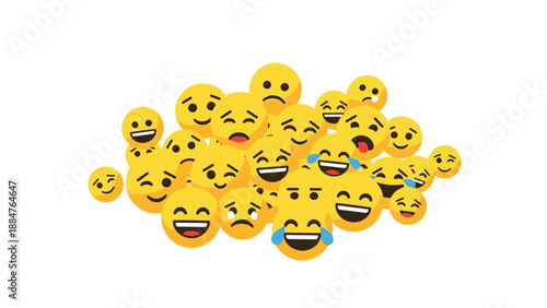 Clustered collection of various yellow emojis displaying a range of emotions from happiness and sadness to laughter, symbolizing digital communication and feelings.