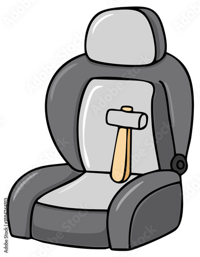 Cartoon car seat with hammer concept, gray and beige, for auto repair and tools.