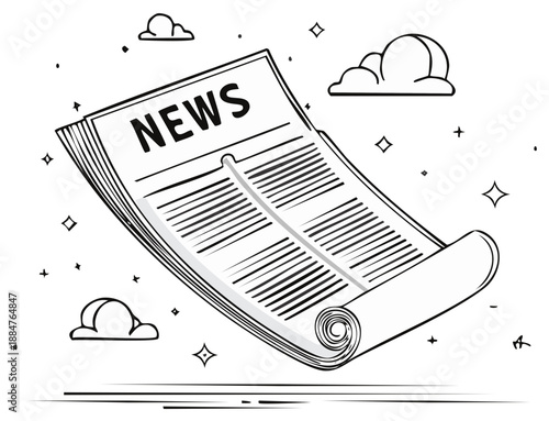 Illustrated newspaper with headline floating in space with clouds and stars