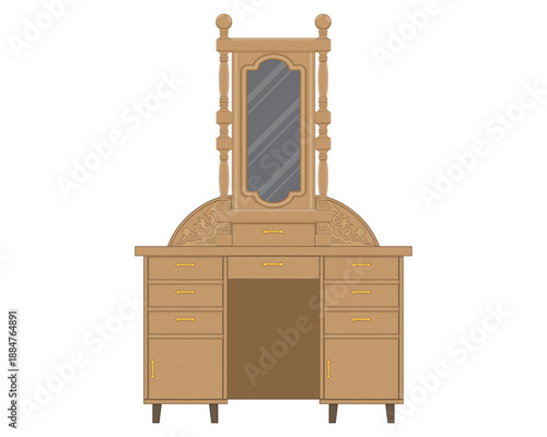 vector design of a single-glass table or dressing table made of brown wood which is usually used for women's or men's make-up with the sides containing symbols or carvings