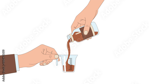Person carefully pours brown liquid from a small medicine bottle into a clear measuring cup, ensuring precise dosage for medication or a health supplement.