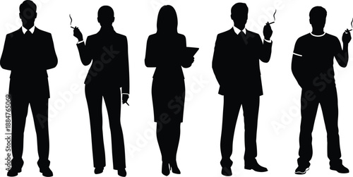 Business people silhouettes holding cigarettes, smoking habit and professional lifestyle concept, corporate characters and social behavior theme, black and white illustration