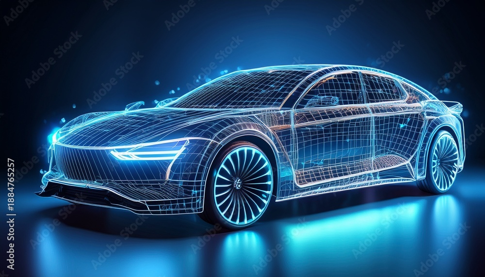Naklejka premium futuristic car concept wireframe on glowing blue background with sleek design and neon accents
