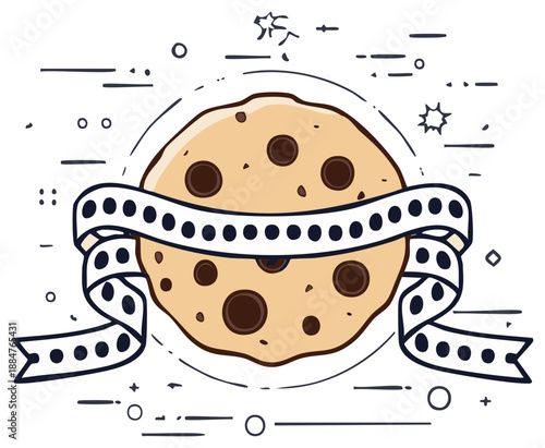 Chocolate Chip Cookie with Ribbon Design, Flat Vector Illustration, Sweet Treat