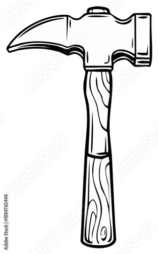 Black and white illustration of a geologist's rock hammer with a pointed tip and wooden handle