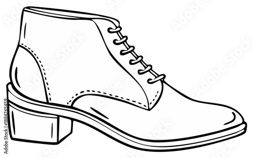 Outline drawing of a leather ankle boot with a block heel, laces, and decorative stitching. Fashionable footwear sketch.