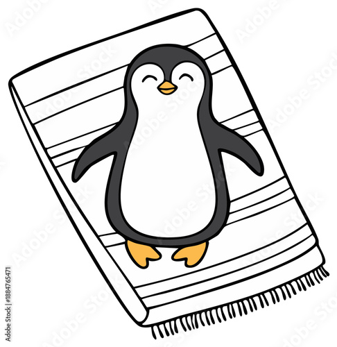 Cute penguin relaxing on a striped towel or blanket, cartoon style illustration