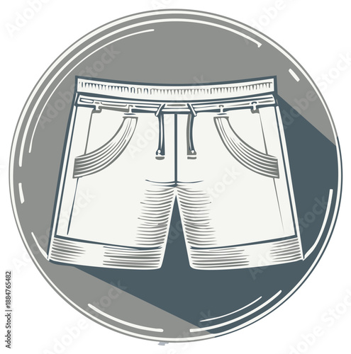 Simple line art drawing of white shorts with pockets and drawstring inside a grey circle