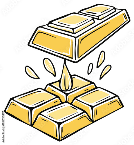 Gold bars being drizzled with golden liquid, with drops and outline for wealth concepts