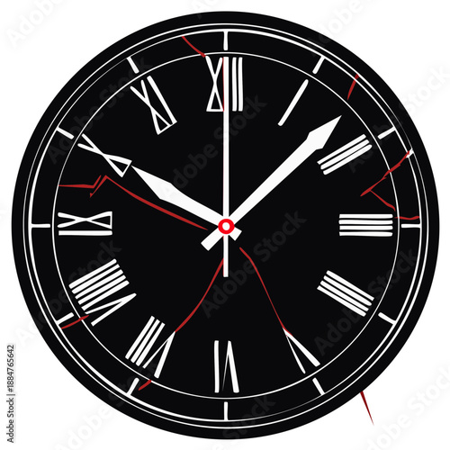 Elegant black clock face with Roman numerals and a subtle red crack overlay symbolizing time passing or damage
