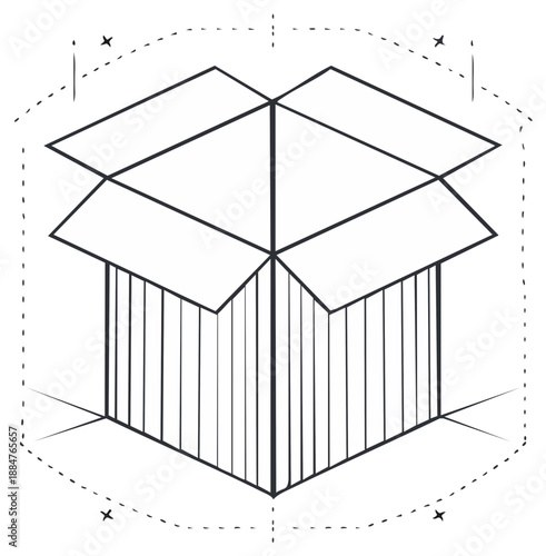 Conceptual isometric line drawing of an open cardboard box with dashed guiding lines