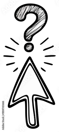 Doodle style pointer ascending to a question mark. Concept of uncertainty and seeking answers.