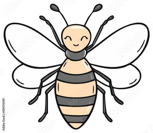 Friendly cartoon bumblebee with a happy smile and striped abdomen vector illustration