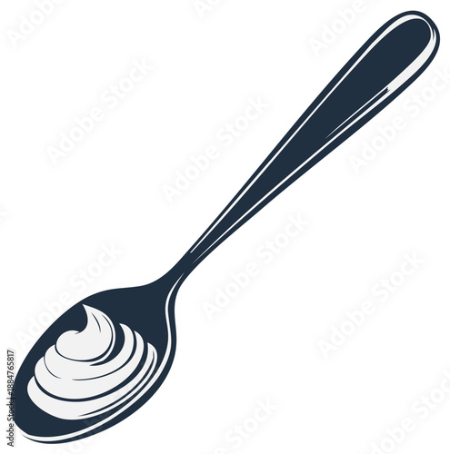 Creamy filling in a spoon, culinary utensil illustration, isolated on white background. Food and dessert element