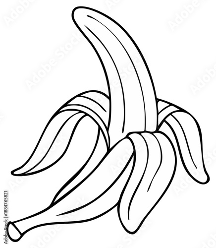 Peeled banana illustration, black and white outline, healthy food concept