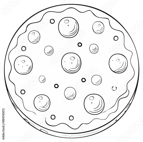 Outline illustration of a pizza with various toppings, top view, simple design