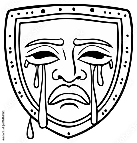 Sad theatrical mask design illustration, depicting sorrow and drama on a shield.