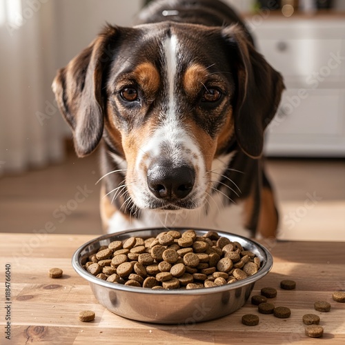 dog eats food from a bowl