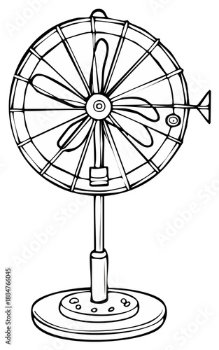 Vintage style oscillating floor fan illustration, isolated line art of a classic home appliance