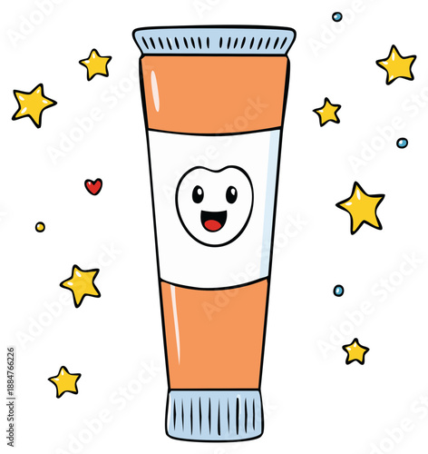 Happy Toothpaste Tube Character With Smiling Face and Star Decorations