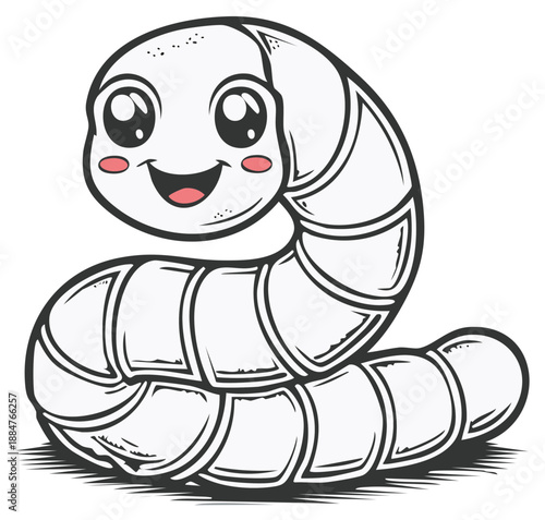Happy cartoon earthworm with big eyes and rosy cheeks smiling in a playful pose