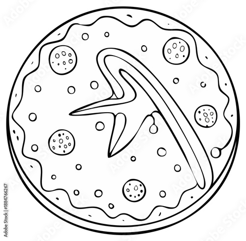 Stylized coloring page illustration of pizza pie with topping decorations and crust designs