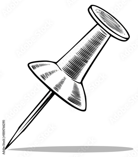 Detailed Line Art Illustration of a Push Pin, Tack, or Thumbtack on a White Background