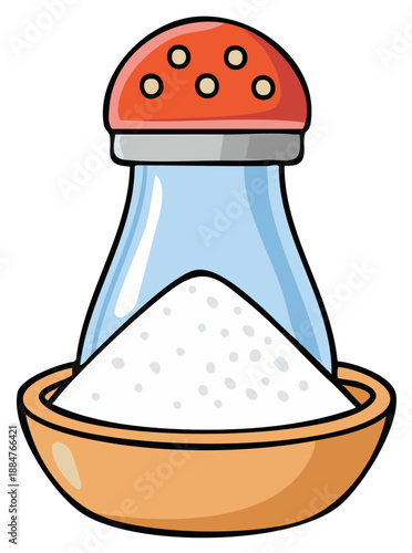 Cartoon salt shaker with red lid spilling white granular salt into a brown bowl vector art