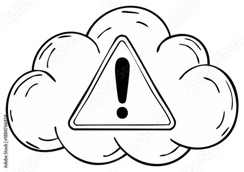 Warning sign inside cloud formation outline, sketch of cautionary alert in cloudy shape, error message art, technical problem vector