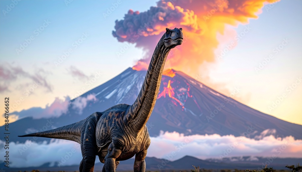 Fototapeta premium A dinosaur standing in front of a volcanic eruption with a mountainous landscape during sunrise