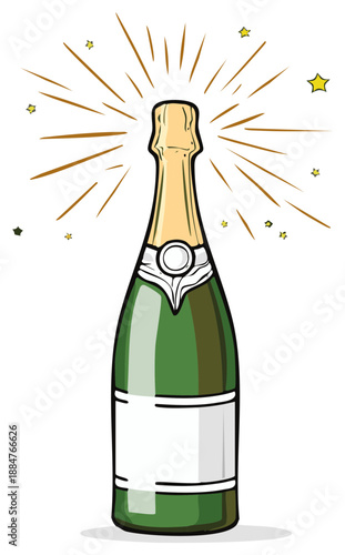 Green champagne bottle illustration with sparkling festive celebration pop art style