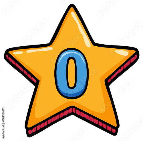 Golden Star Symbol with Zero in Center for Game Score Reward Achievement or Educational Resource