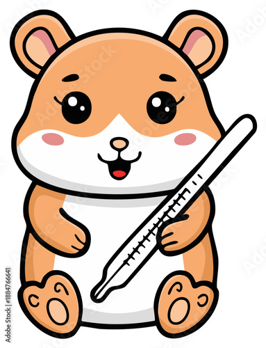 Cute cartoon hamster holding a thermometer, checking the temperature