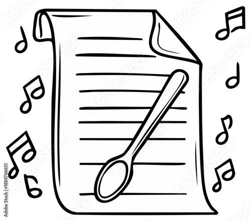 Whimsical Song Sheet with Musical Notes and Spoon Illustration