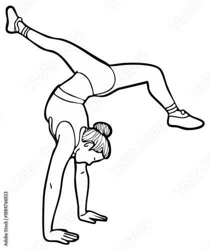 Gymnast performing a handstand bridge exercise, active young female athlete.