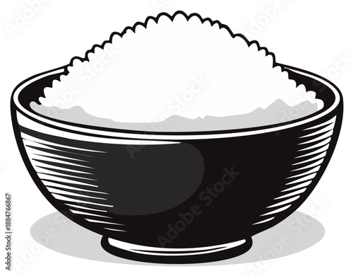 Bowl filled with overflowing white rice, depicted in a stylized illustration