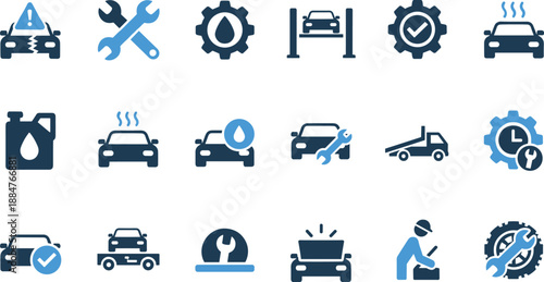 Car Service and Auto Repair Icon Set Featuring Maintenance, Diagnostics, and Vehicle Care Symbols in Flat Vector Style