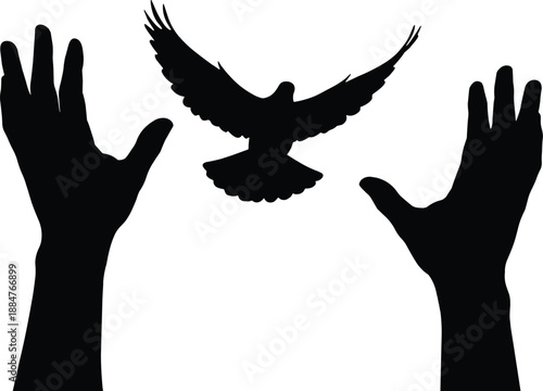 Hands releasing flying dove silhouette, freedom and peace concept, hope and spirituality symbol, human compassion and liberation, black and white minimal illustration