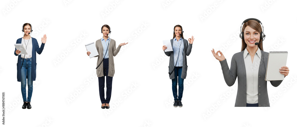 Obraz premium Collection of a smiling female customer service agent with a headset in various poses isolated on a white background.