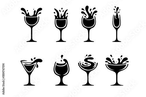 Cocktail glass silhouette set with splashes and droplets: wine, martini, champagne and coupe shapes. Black party drink icons for bar menus, invitations, celebration, nightlife and events.