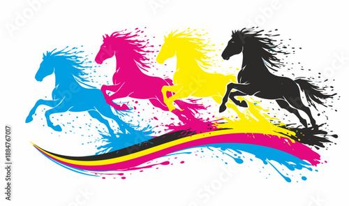 Running horses in CMYK with explosive splatter and a sweeping ribbon trail beneath. Energetic equestrian illustration, isolated vector on white for sport branding banners and labels.