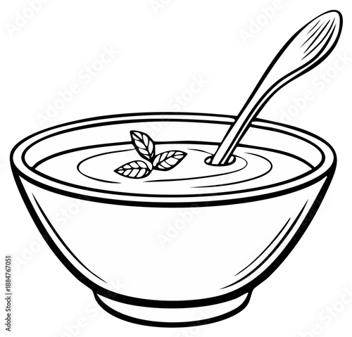 Bowl of soup with basil and spoon graphic illustration