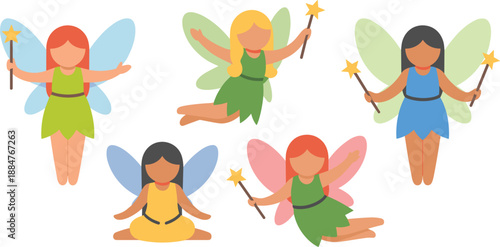 Cute Fairy Character Illustration Set with Magical Wands and Wings in Flat Cartoon Vector Style