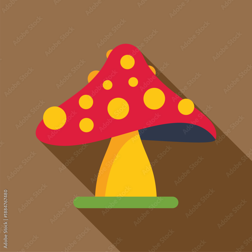 Obraz premium Red mushroom with yellow polka dots icon creating a long shadow on a brown background