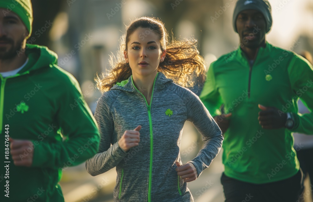 Fototapeta premium Group Of Runners Jogging Outdoors In Green Sportswear