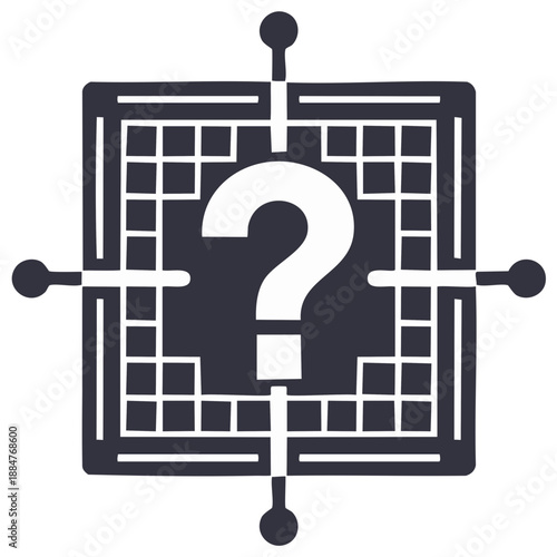 Geometric Question Mark Puzzle Design with Abstract Square Frame and Line Details in Dark Gray and White