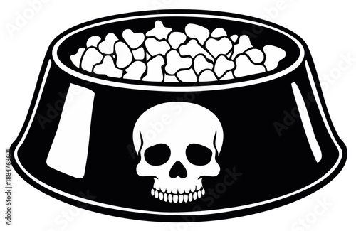 A black and white graphic of a dog bowl filled with bone shaped kibble and a skull symbol on the front